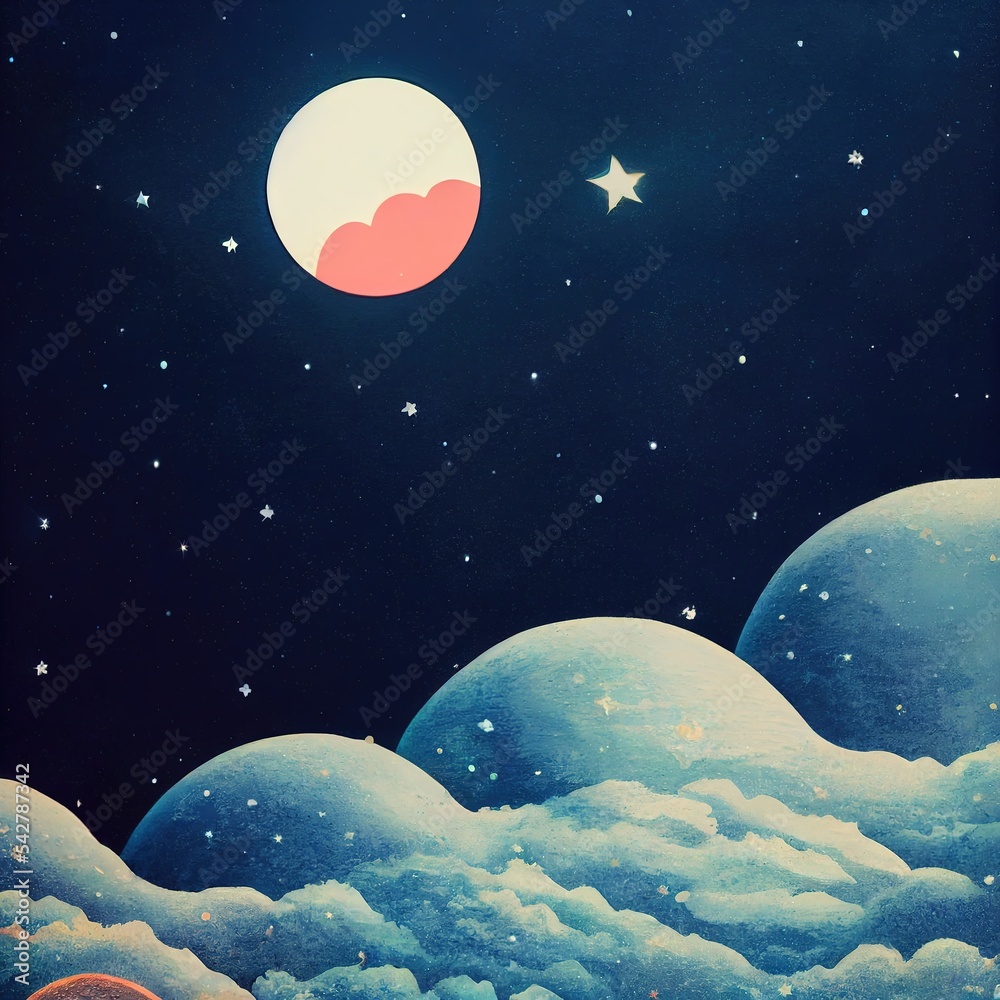 Pastel landscape with sky, moon and clouds