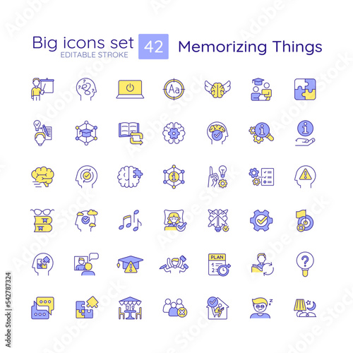Memorization things strategies RGB color icons set. Brain training. Develop memory. Isolated vector illustrations. Simple filled line drawings collection. Editable stroke. Quicksand-Light font used