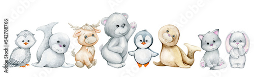 Owl, seal, deer, bear, penguin, sea lion, scribe, bunny. Cute polar animals in cartoon style, on an isolated background.