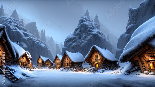 A village in the snowy mountains, wooden houses in a winter mountain gorge, frozen water, ice. Wooden houses in the mountains, light in the window. Frozen waterfalls in winter.