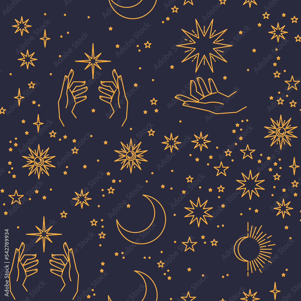 Seamless pattern with constellations. Sun, moon, magic hands and stars. Mystical esoteric background for design. Astrology magical vector. Seamless pattern with constellations. Sun, moon, magic hands and stars. Mystical esoteric background for design. Astrology magical vector.