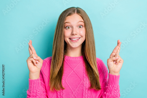 Obraz na plátně Portrait photo of youngster cute cheerful girl brown hair crossed fingers wish g