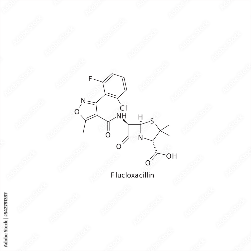 Vetor de Flucloxacillin flat skeletal molecular structure Penicillin
