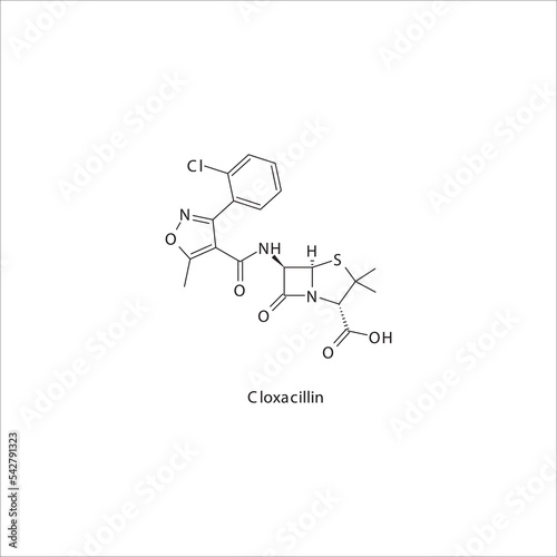 Cloxacillin  flat skeletal molecular structure Penicillin  drug used in bacterial infection treatment. Vector illustration. photo