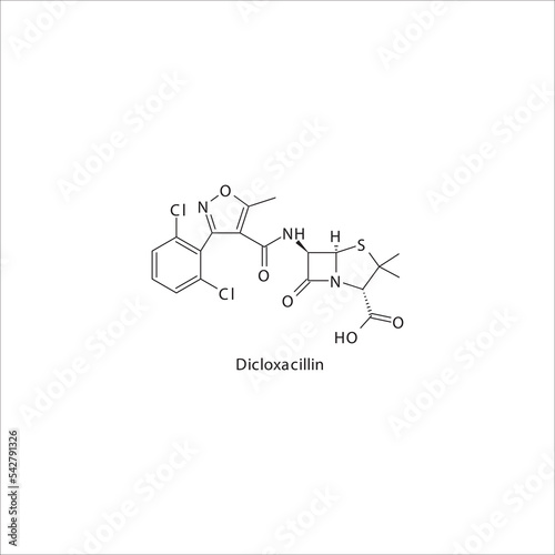 Dicloxacillin  flat skeletal molecular structure Penicillin  drug used in bacterial infection treatment. Vector illustration. photo