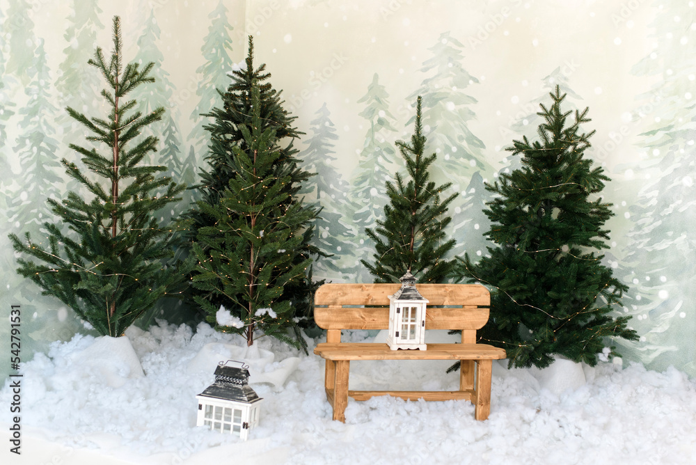 custom made wallpaper toronto digitalWinter studio interior. Bench among Christmas trees