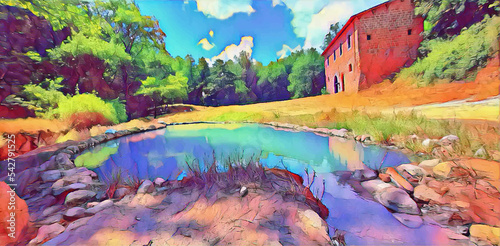 Illustration of the picturesque landscape. Digital painting  brushstroke style  country landscape with natural thermal pool.