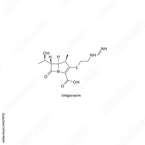 Imipenem  flat skeletal molecular structure Carbapenem drug used in bacterial infection treatment. Vector illustration.