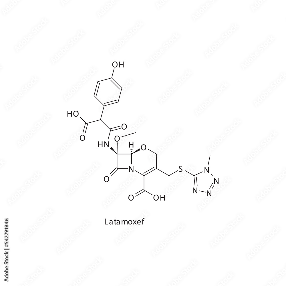 Latamoxef  flat skeletal molecular structure 3rd generation Cephalosporin drug used in bacterial infection treatment. Vector illustration.