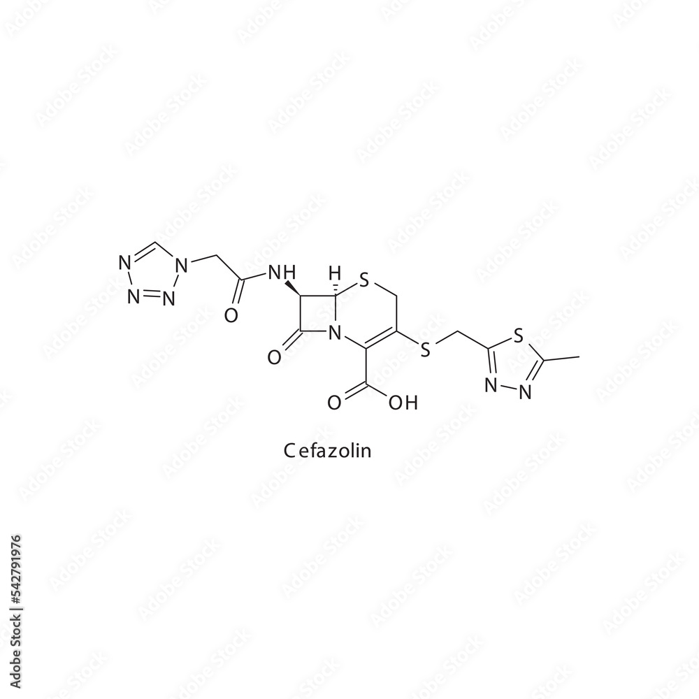 Cefazolin flat skeletal molecular structure 1st generation Cephalosporin drug used in bacterial infection treatment. Vector illustration. Cefazolin flat skeletal molecular structure 1st generation Cephalosporin drug used in bacterial infection treatment. Vector illustration.