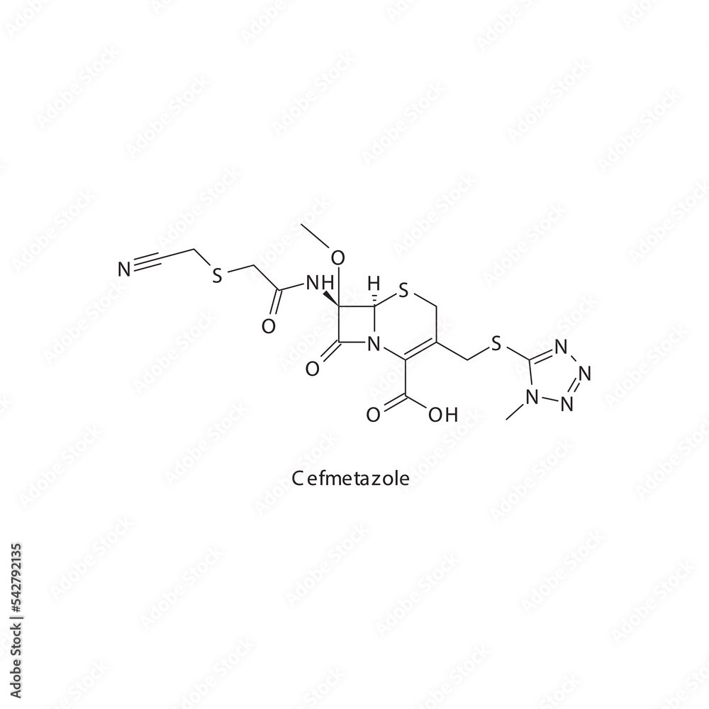 Obraz premium Cefmetazole&nbsp; flat skeletal molecular structure 2nd generation Cephalosporin drug used in bacterial infection treatment. Vector illustration.