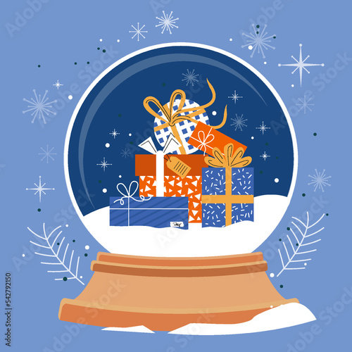 Christmas snowglobe of colorful gifts, different boxes with bows. Flat style
