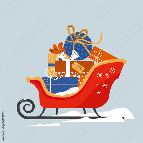 Santa sleigh with piles of presents. Happy new year. Winter holidays. Lovely Christmas background with flat style