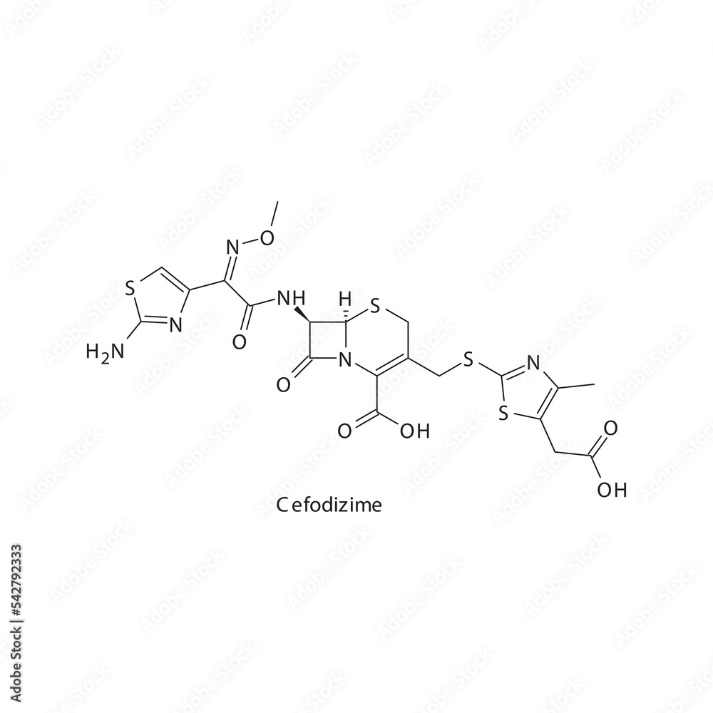 Cefodizime flat skeletal molecular structure 3rd generation Cephalosporin drug used in bacterial infection treatment. Vector illustration.