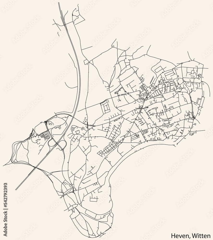 Detailed navigation black lines urban street roads map of the HEVEN MUNICIPALITY of the German regional capital city of Witten, Germany on vintage beige background