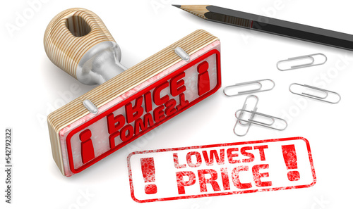 Lowest price. The stamp and an imprint. The stamp and red imprint with text: LOWEST PRICE on white surface with pencil and clips. 3D illustration