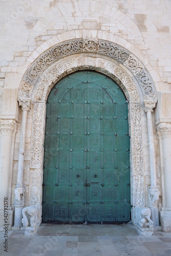 Green door to Cathedral San Nicola Pellegrino in Trani  Italy