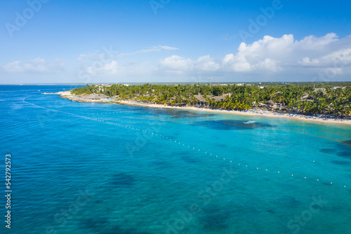 Dominicus beach at Bayahibe with Caribbean sea sandy seashore. Aerial view photo