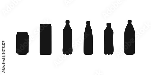 Bottle of water, vector can of soda icon set. Plastic and aluminum bottled beverage symbol. Water, beer, soda and juice silhouette.