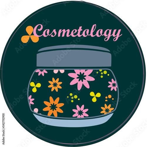 Beautician logo. Jar of cream with colorful flowers. Vector. The file is easy to edit.