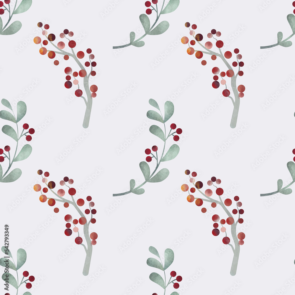 Seamless background with watercolor leaf and berry doodles, bright background. Luxury pattern for creating textiles, wallpaper, paper. Vintage. Romantic floral Illustration
