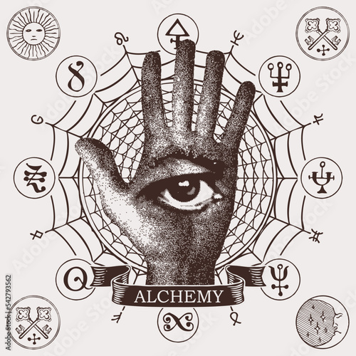 occult round sign with a human hand with the Masonic symbol of the all-seeing eye and runes. Vector banner on the theme of occultism or alchemy with a third eye on an open palm