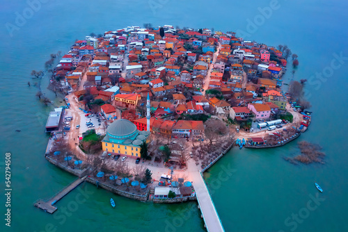 Bursa Gölyazı is a village located on a small island on the lake. aerial shot with drone