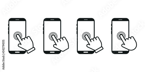 Set of smartphone touch screen icons. Click on the smartphone. Hand click press touch screen. Cell Phone with click cursor. Smartphone screen with hand touching