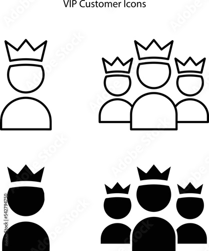Customer membership client crown icons isolated on white background. VIP member king pictogram stroke person membership premium service
