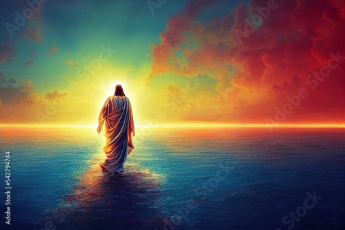 Fotótapéta The figure of Jesus walks on water on a sunny background.
