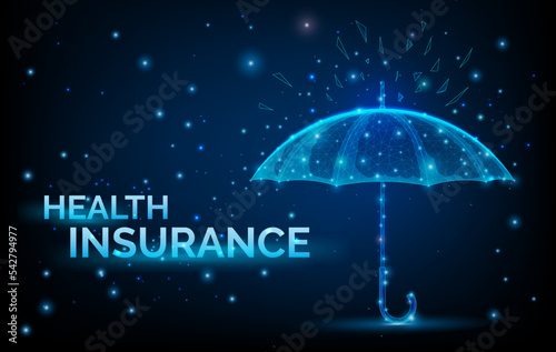 Health insurance - umbrella in low poly wireframe style. Concept of protection and isolation from external risk factors. Polygonal abstract umbrella isolated on blue background. Vector