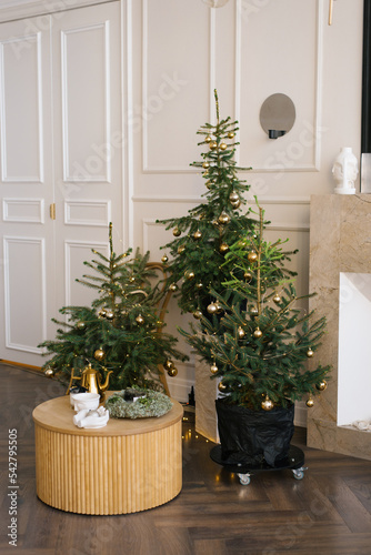 Three stylish Christmas trees in a classic modern living room. Home interior for the holiday