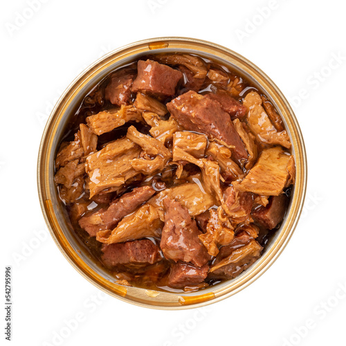 Open jar of canned wet cat food cutout. Can of meat and liver pieces in a sauce for cats isolated on a white background. Feed for carnivore domestic animals concept. Canned meat for pets. photo