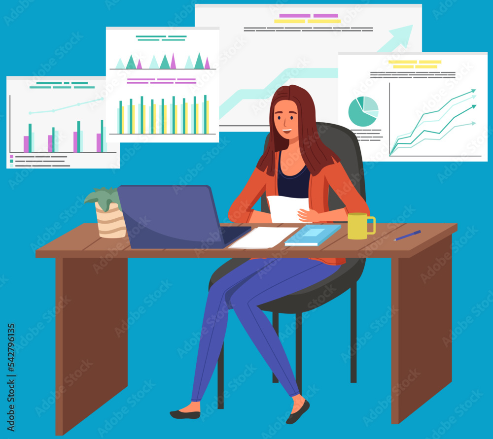 Manager analyzes data scene. Female character researching statistics from charts. Increase sales and skills. Monitoring investment. Finance report graph. Woman sitting with laptop looking at diagram Manager analyzes data scene. Female character researching statistics from charts. Increase sales and skills. Monitoring investment. Finance report graph. Woman sitting with laptop looking at diagram