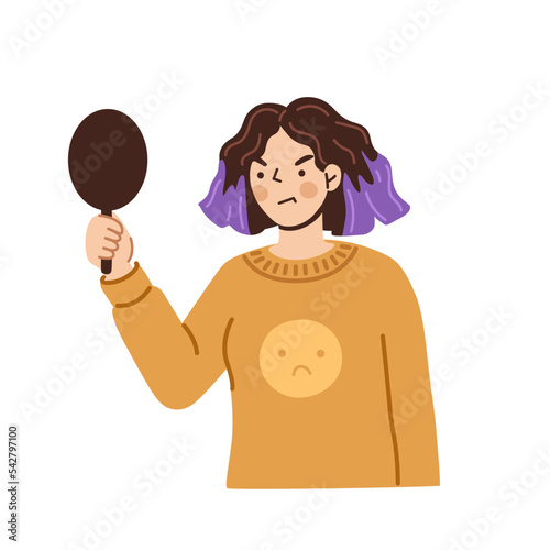 Young irritated woman looking at herself in mirror. Low self-esteem, self hate. Teenage girl unhappy with her appearance. Hand drawn vector character illustration.