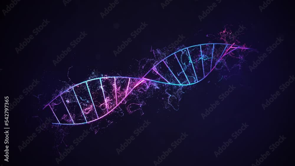 Full DNA shape spinning and small molecule spread out from it with 3d rendering.Full color particles simulation visual effect.