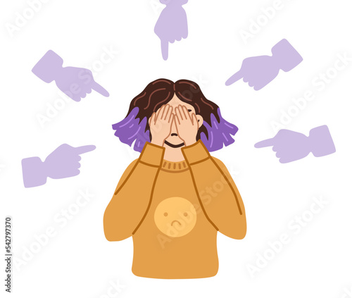 Frightened young woman feeling guilt, surrounded by condemning gestures. Bullying, inner critic, negative self talk, low self-esteem. Hand drawn female character illustration.