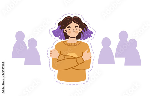 Young woman isolated from society, suffering from social phobia, social anxiety depression. Frightened unsure female character wrapped arms around herself. Hand drawn vector illustration.