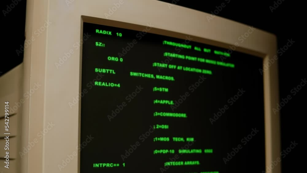 Retro pc with loading code console, programmer making scripts, green ...