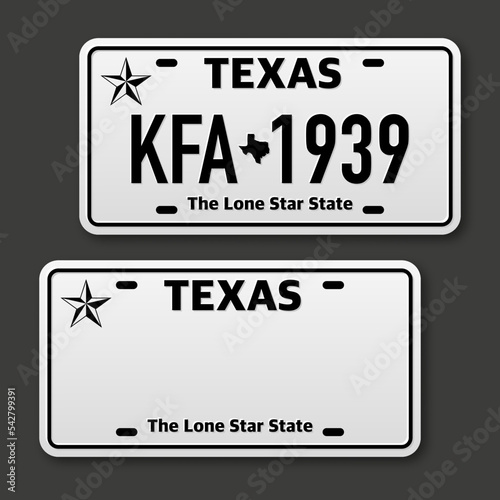 Retro car plate for banner design. Texas state. Isolated vector illustration. Business, icon set