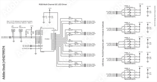 RGB multi-channel I2C led driver. Schematic diagram of electronic device. Vector drawing electrical circuit with led array, jumper, capacitor, resistor, controller, ground and power symbols