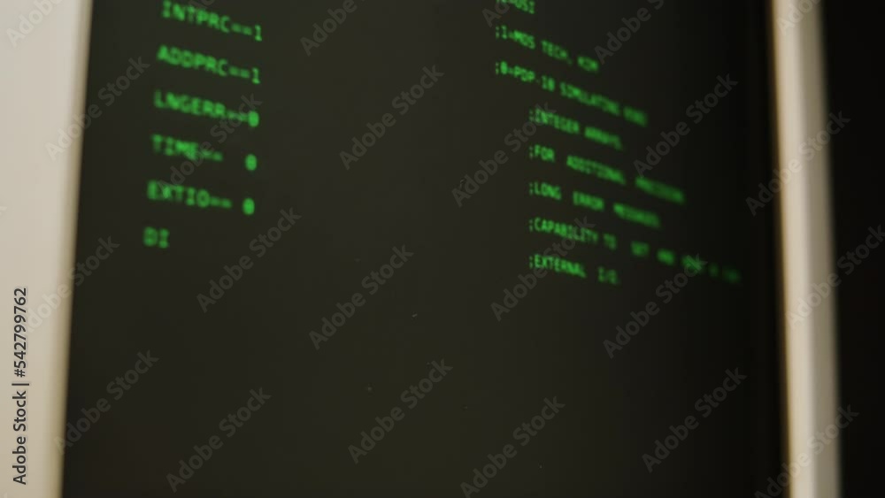 Retro pc with loading code console, programmer making scripts, green ...
