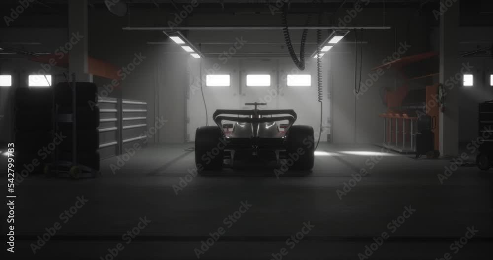 DOLLY IN Back view silhouette of a modern generic sports racing car standing in a dark garage on a pit lane, cinematic lighting. Realistic 3d rendering