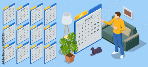 Isometric Calendar for 2023 year. Stationery Design Print Template. Set of 12 Months. Schedule template with months. Week starts Sunday.