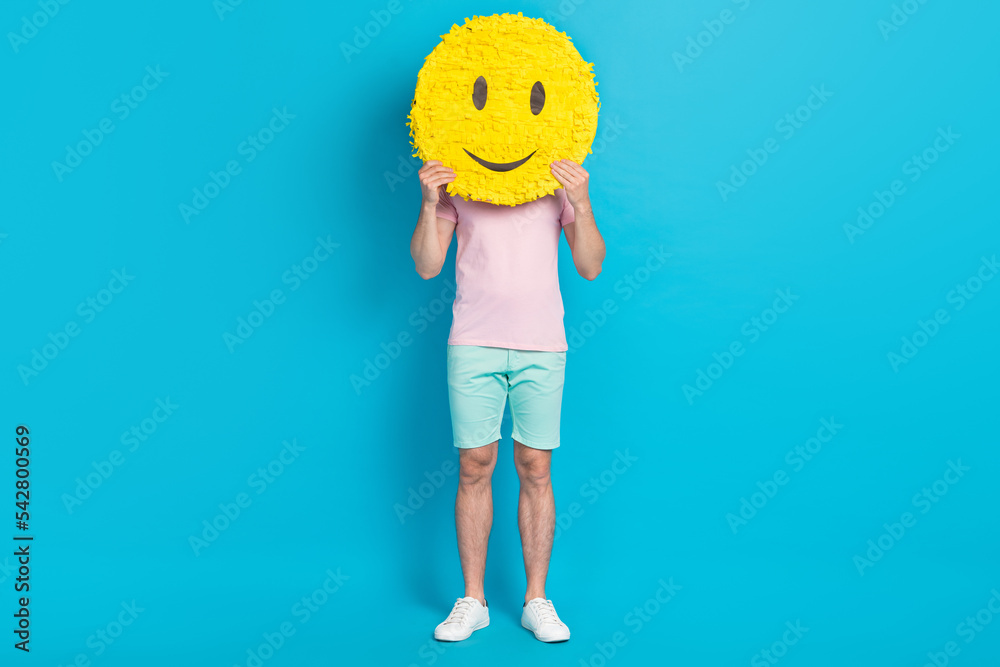 Full body photo of attractive young guy smile emoji pinata hide face ...