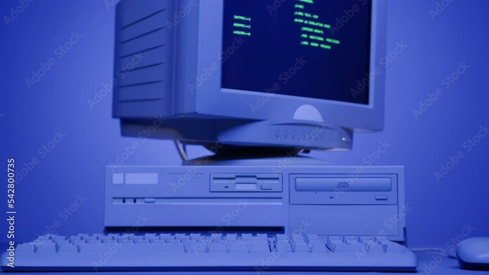 Retro pc with loading code console, programmer making scripts, green ...