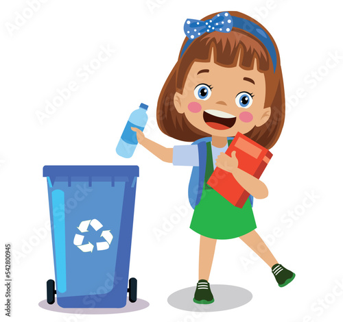 cute boy throwing trash in recycle bin