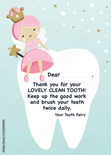 Tooth fairy card for a girl. Cute girl in pink dress on mint background vector design with massage about cleaning teeth and keep them healthy. photo