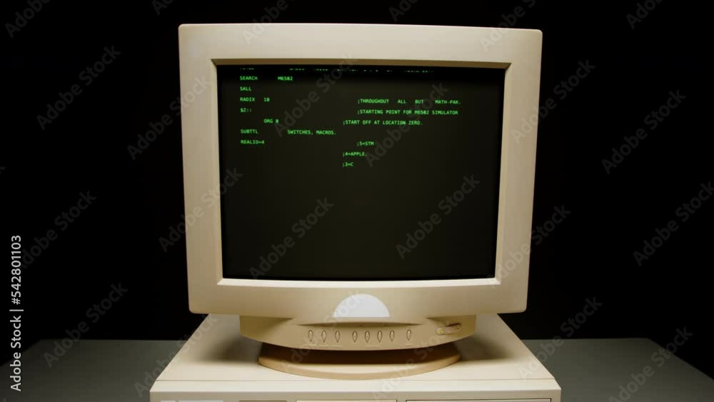 Retro pc with loading code console, programmer making scripts, green ...
