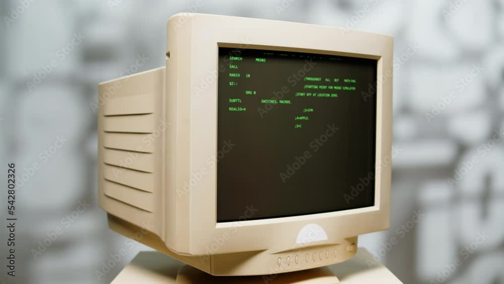 Retro pc with loading code console, programmer making scripts, green ...